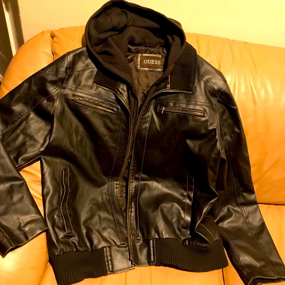 Guess Leather Black Bomber Jacket Size XXL
